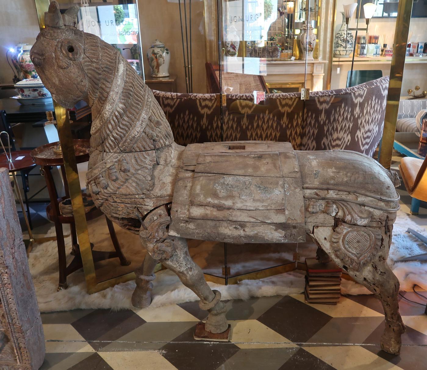 18th Century and Earlier Carved Wood Asian Horse, Mogol Period, India 17th Century For Sale