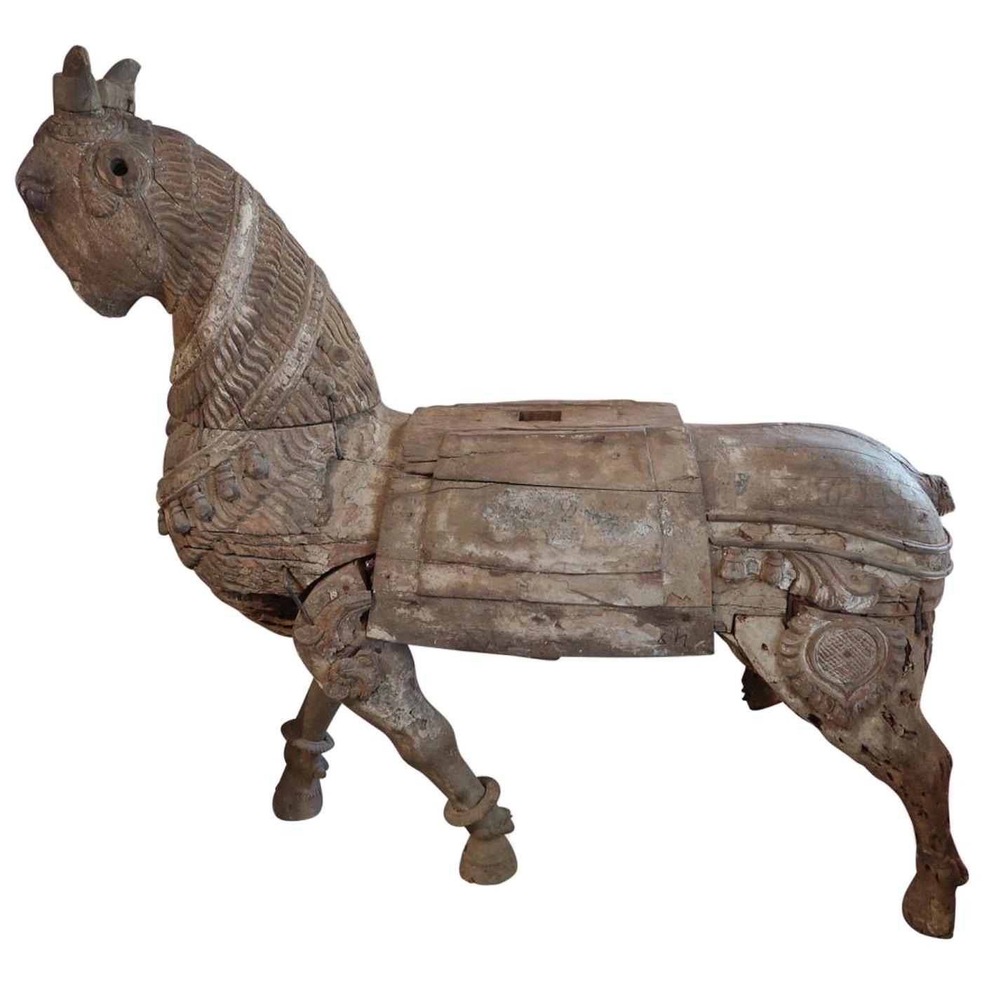 Carved Wood Asian Horse, Mogol Period, India 17th Century For Sale