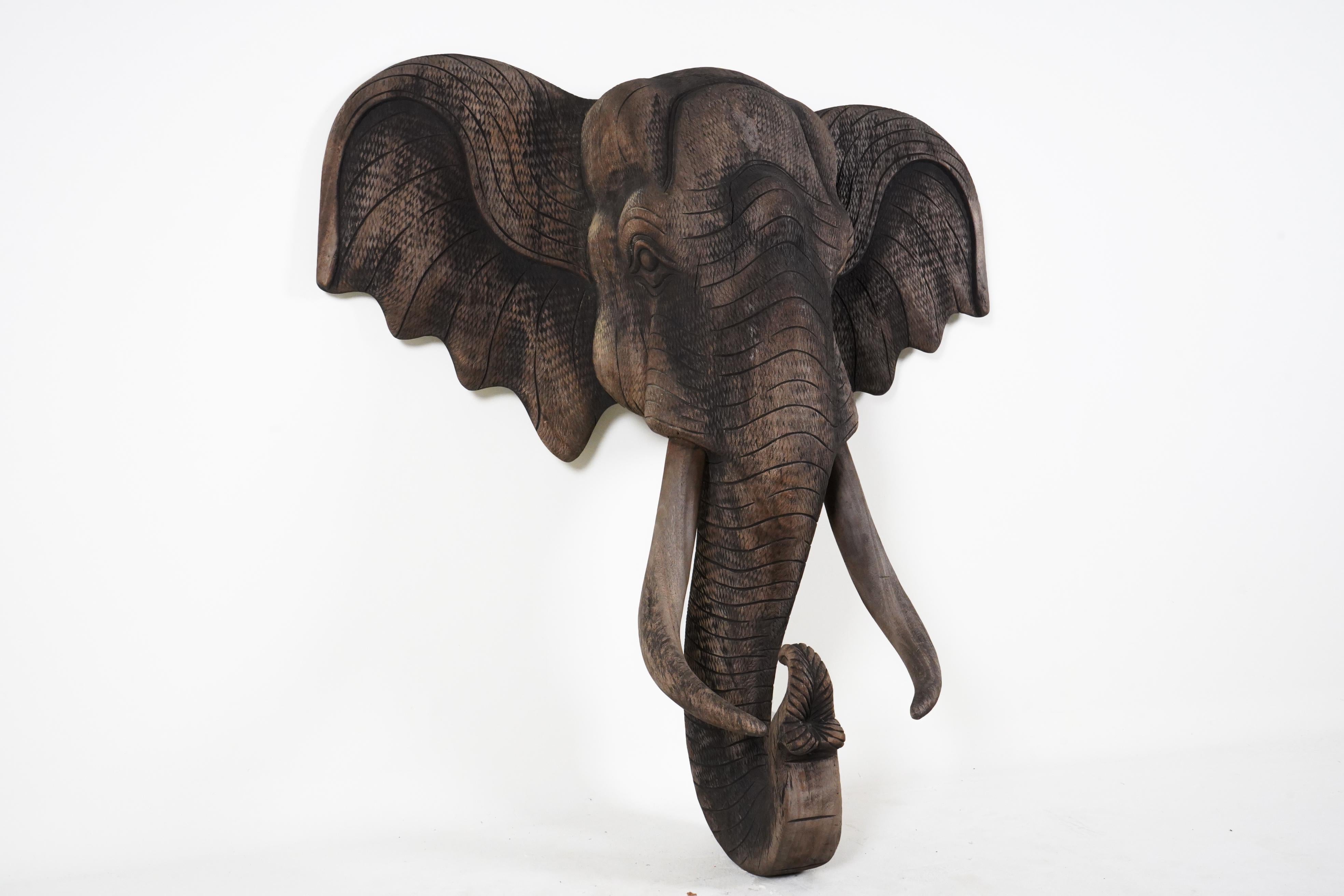 Hand-Carved A Carved Wood Elephant Head For Sale