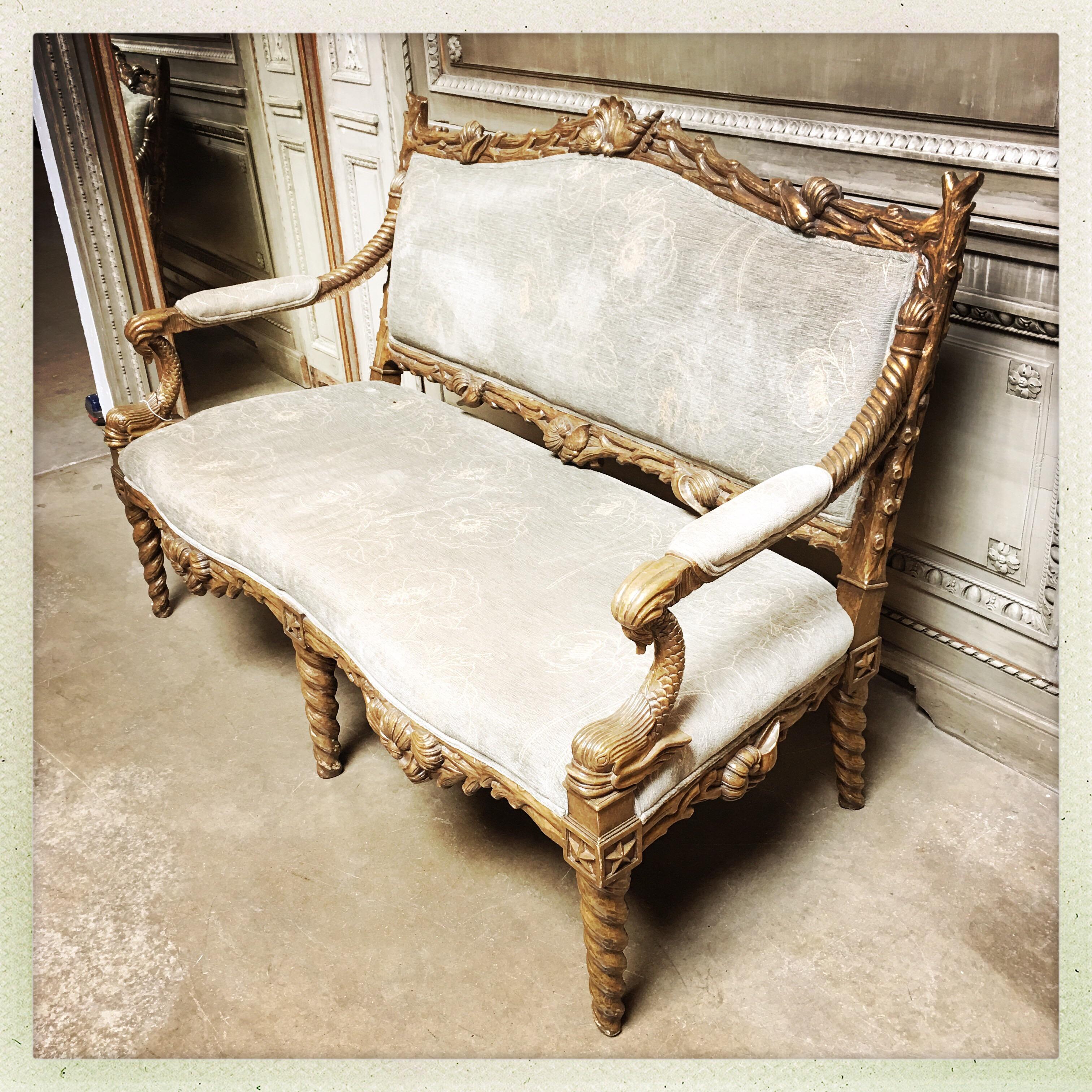 Neoclassical Carved Wood Grotto Style Sofa with a Metal Leaf Finish