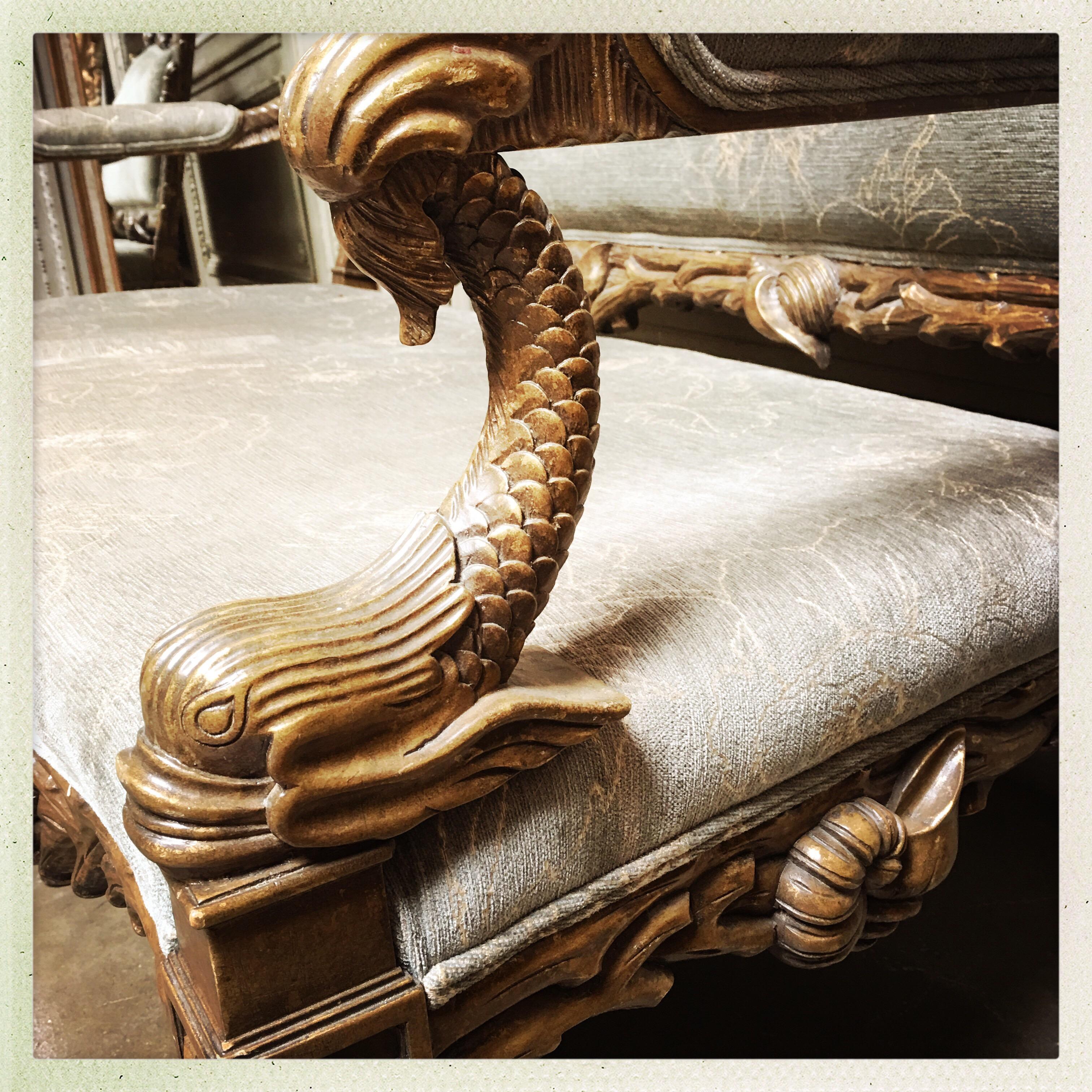 Italian Carved Wood Grotto Style Sofa with a Metal Leaf Finish