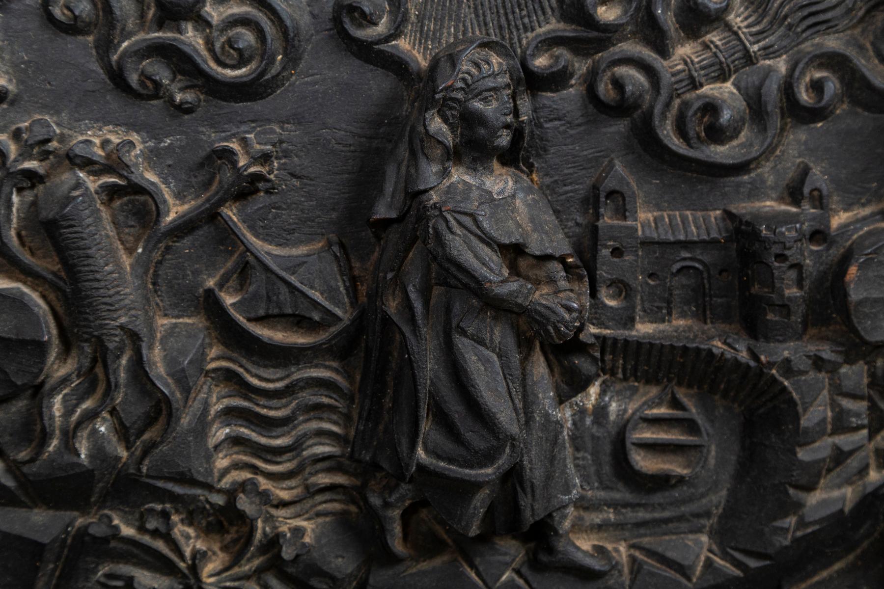 Hand-Carved Carved Wood Panel of Religious Figure For Sale