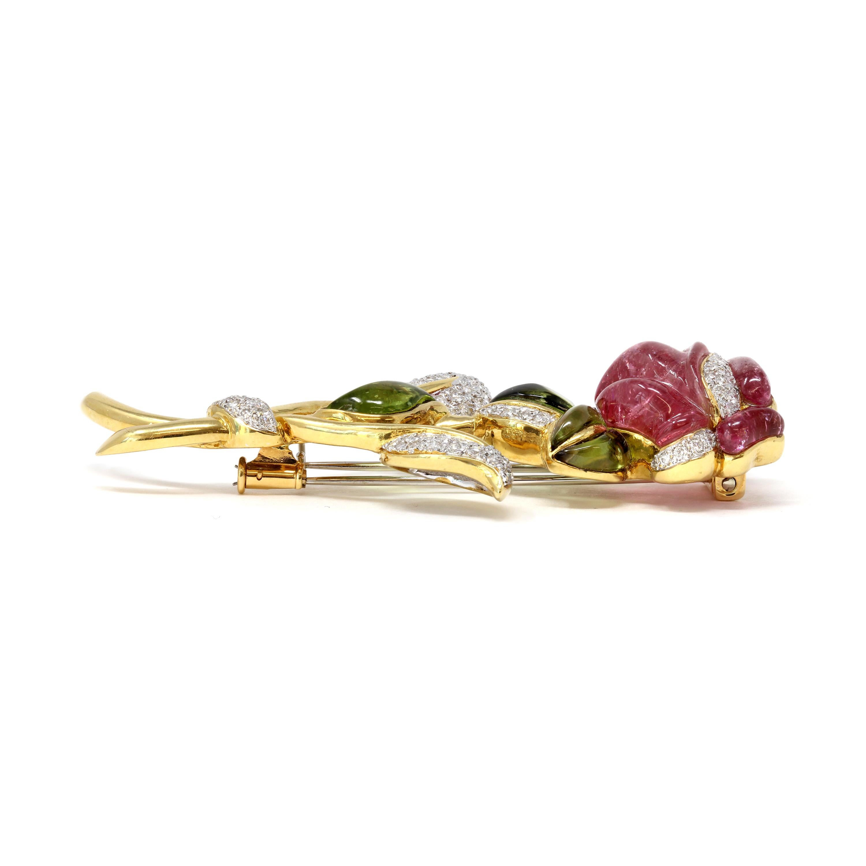 Modern Carverd Tourmaline and Peridot Brooch with Diamonds in 18 Karat Gold