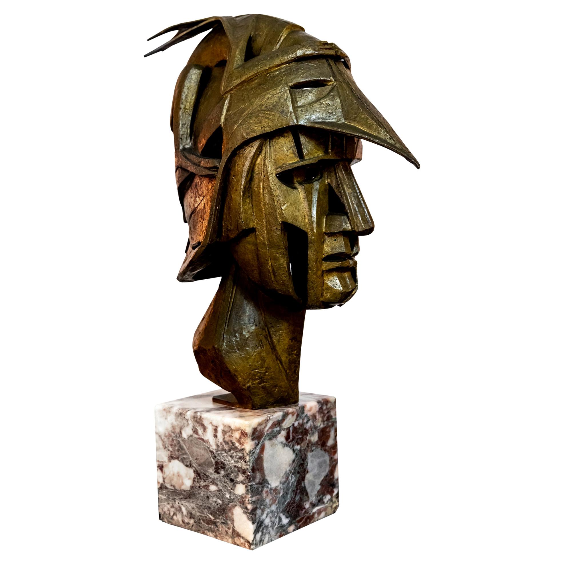 Buste de guerrier brutaliste en bronze moulé