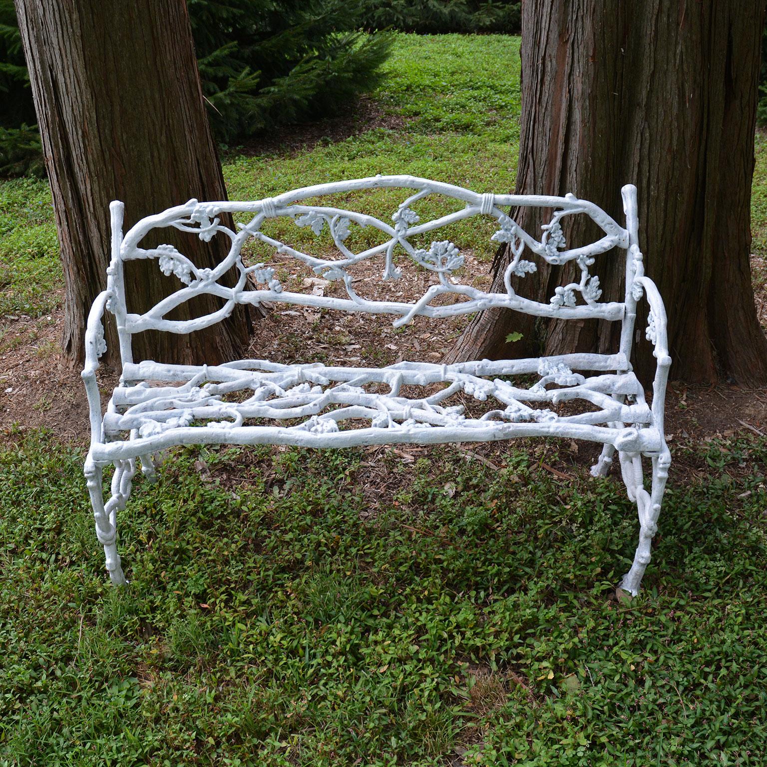Rustic White Painted Cast-Iron Twig Bench
