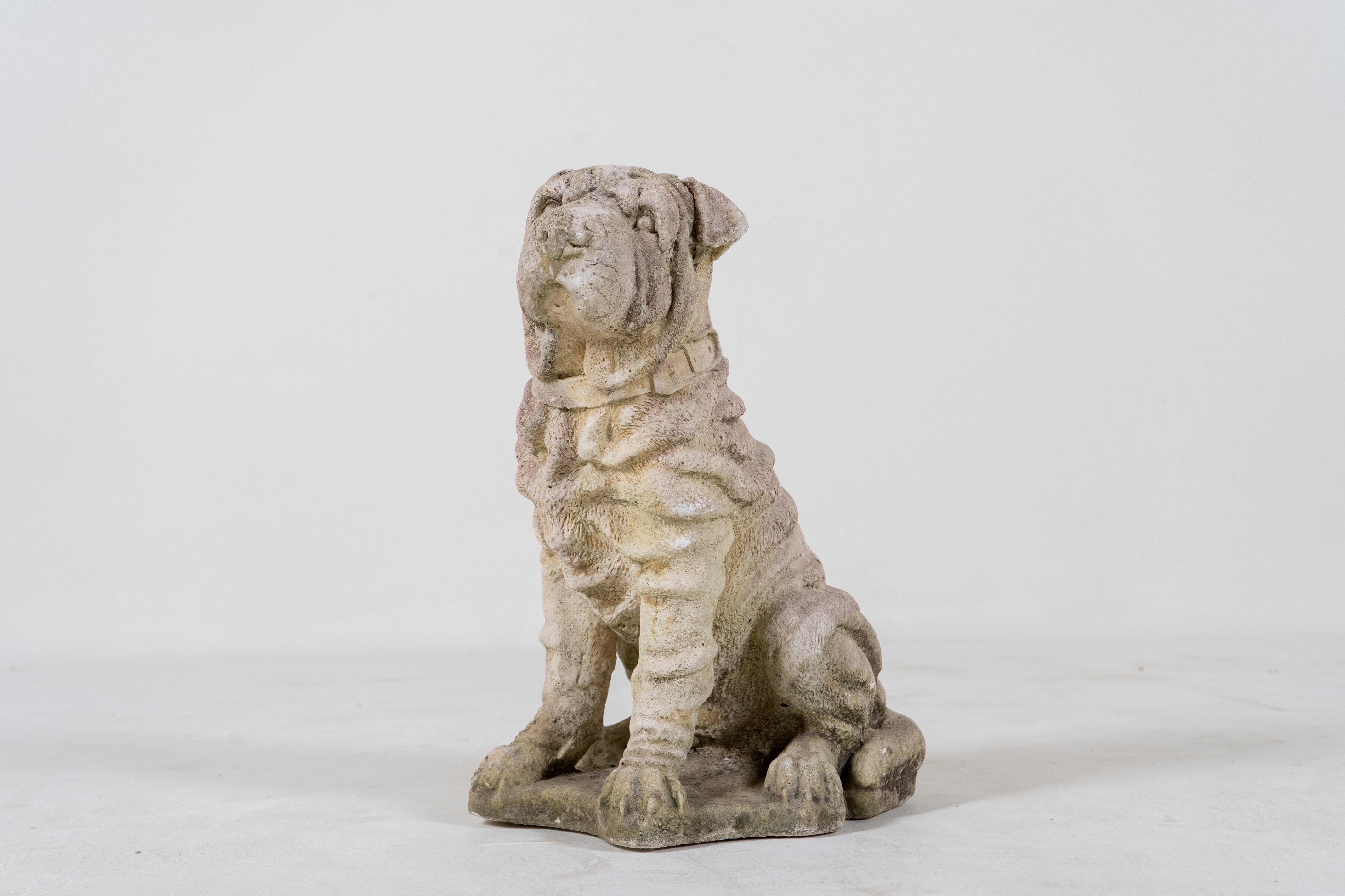 This cast stone sculpture is made with marble dust, producing a sparkling effect in certain lighting conditions.    The Shar Pei was the preferred breed of Chinese aristocrats before being driven almost to extinction in China in the mid-20th