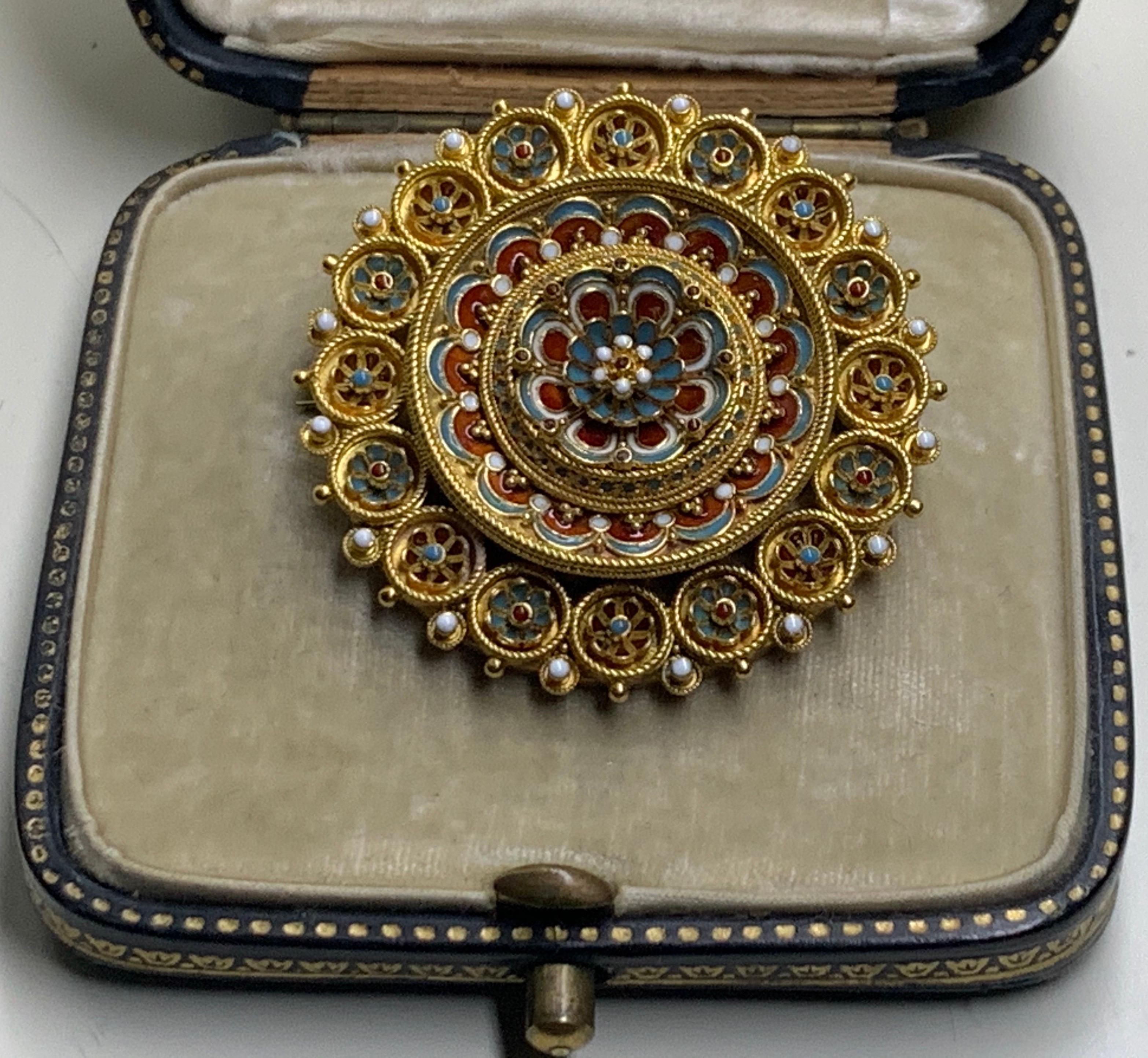 Victorian Castellani Archaeological Revival Enamel Brooch, Circa 1870