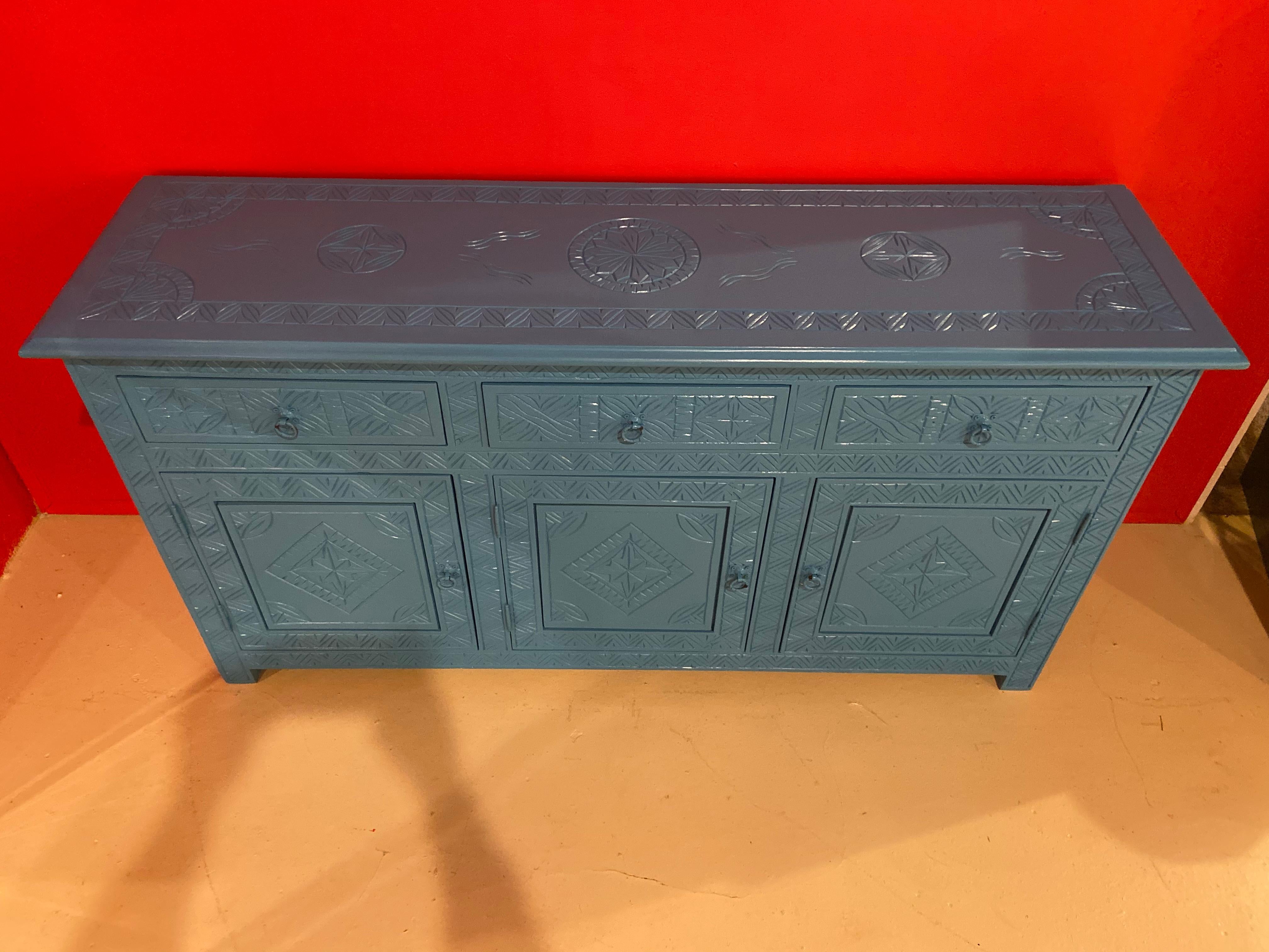 Celeste Blue Modern Moroccan Hand Carved Three Drawer Console or Dresser In Good Condition In Plainview, NY