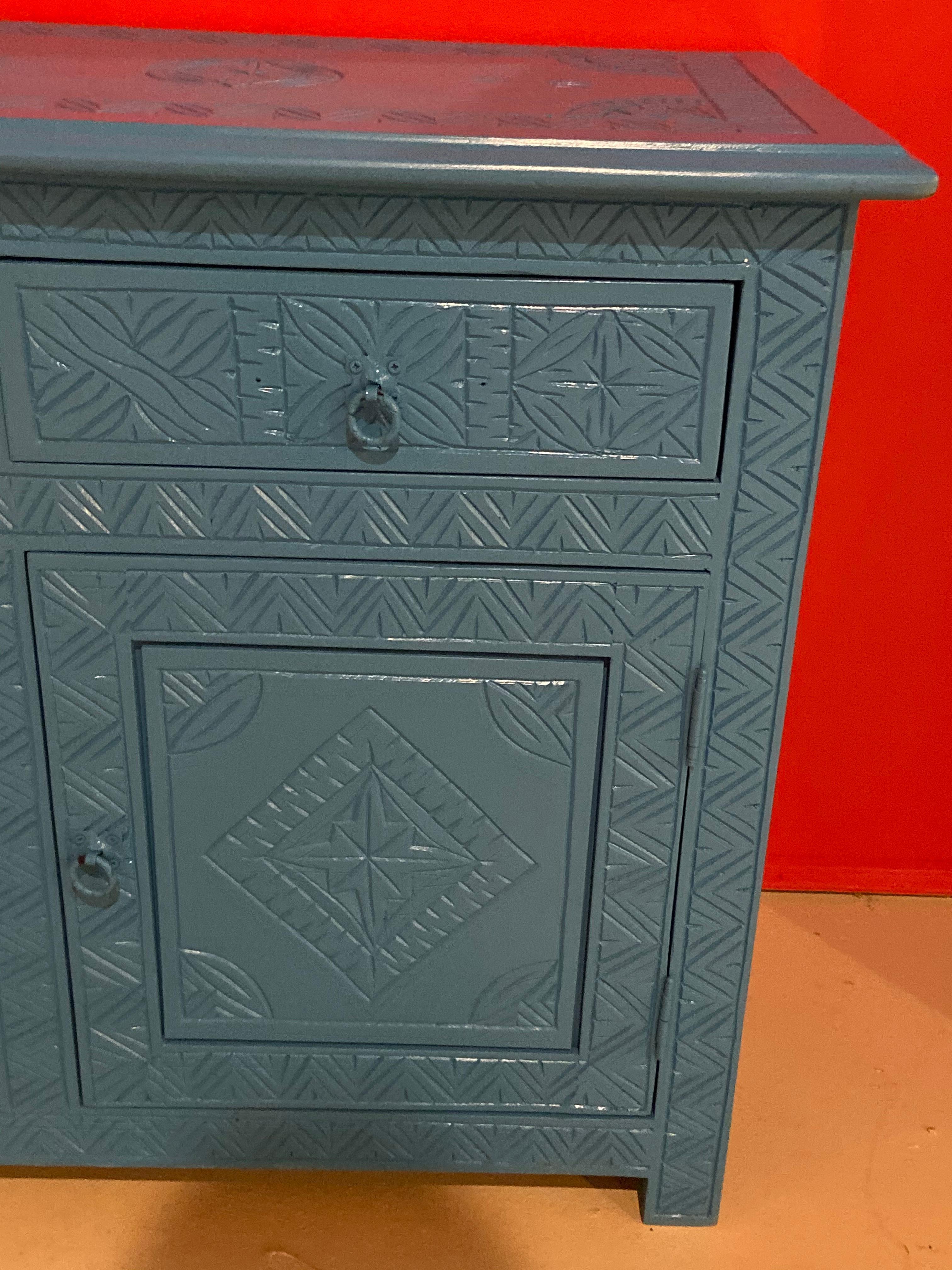 Wood Celeste Blue Modern Moroccan Hand Carved Three Drawer Console or Dresser