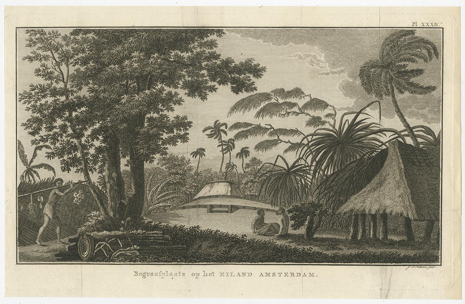Antique print titled 'Begraafplaats op het eiland Amsterdam'. 

Engraved view of a local cemetery on Amsterdam Island, a small French territory in the southern Indian Ocean. Originates from 'Reizen Rondom de Waereld door James Cook (..)'.
