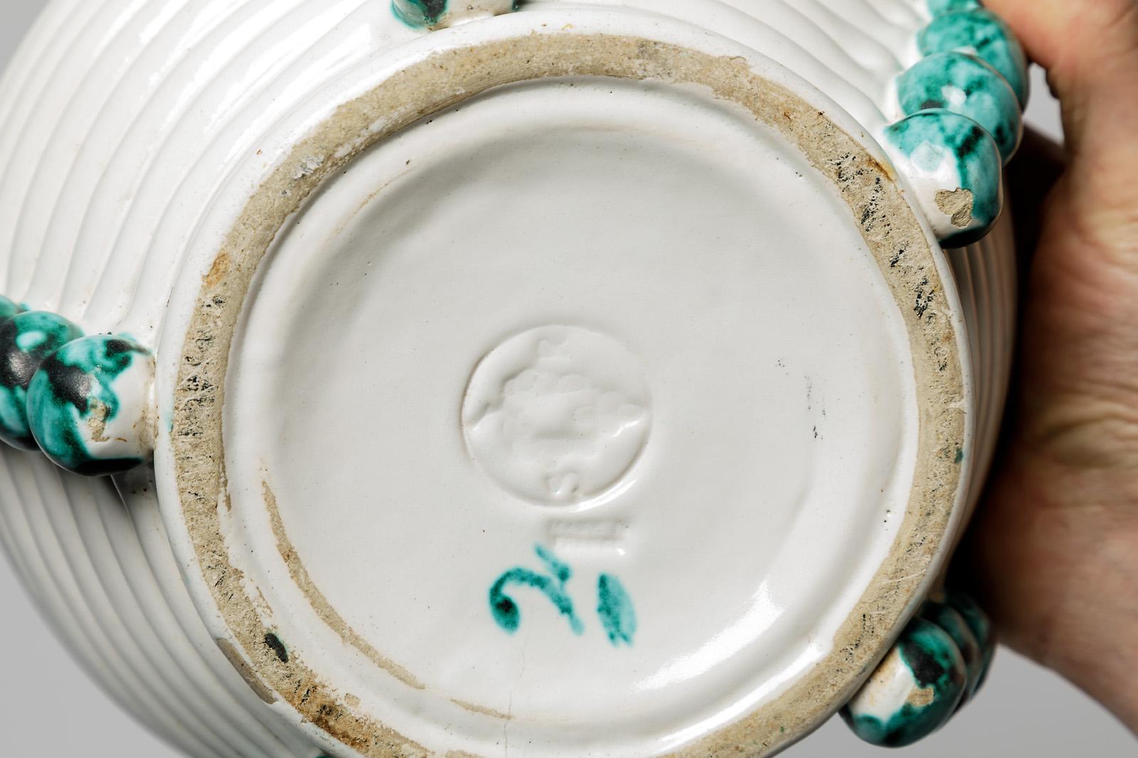 Ceramic Bowl or Cup with White and Green Glaze Decoration, circa 1950 In Excellent Condition In Neuilly-en- sancerre, FR