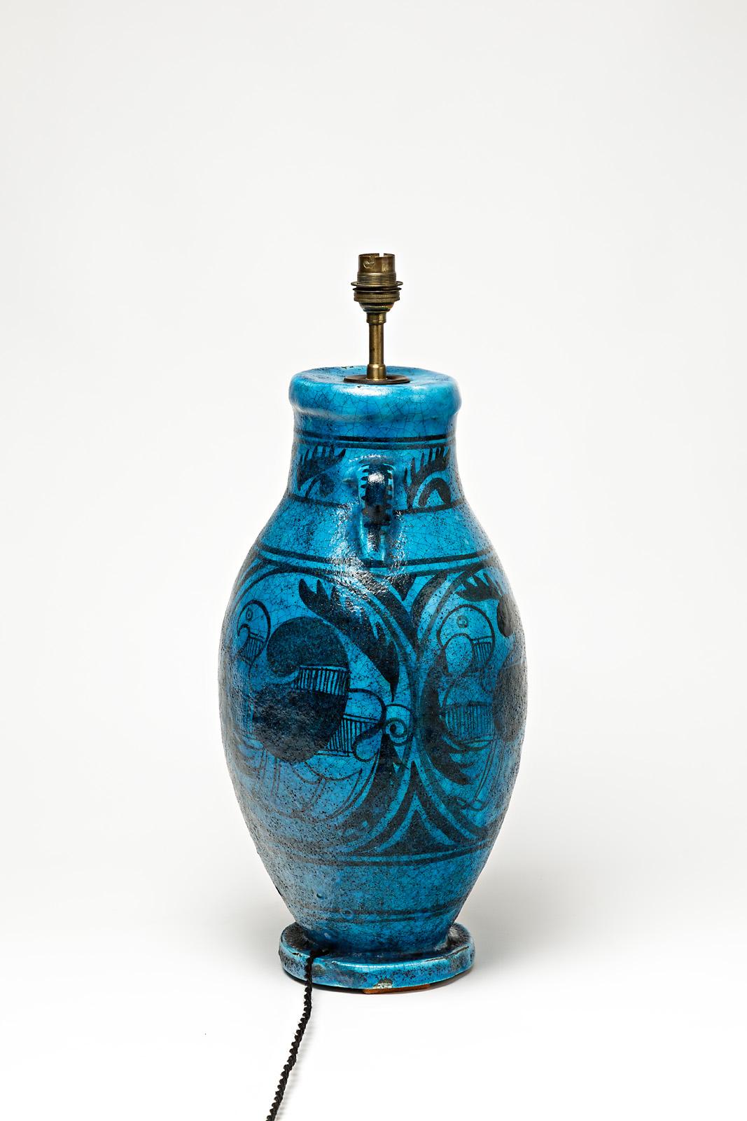 Beaux Arts Ceramic Lamp with Blue and Black Glazes Decoration by Raoul Lachenal, 1930