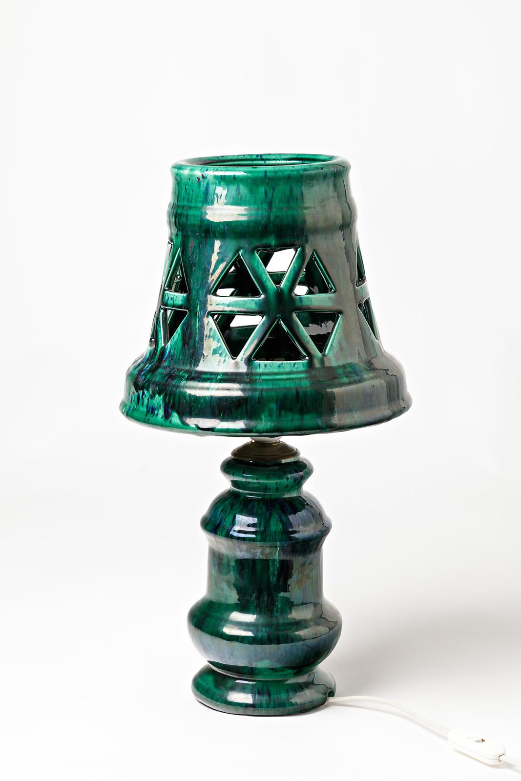 Beaux Arts Ceramic Lamp with Green Glaze Decoration, Signed Morvan, circa 1960-1970 For Sale