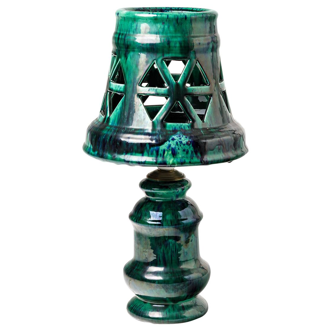 Ceramic Lamp with Green Glaze Decoration, Signed Morvan, circa 1960-1970 For Sale