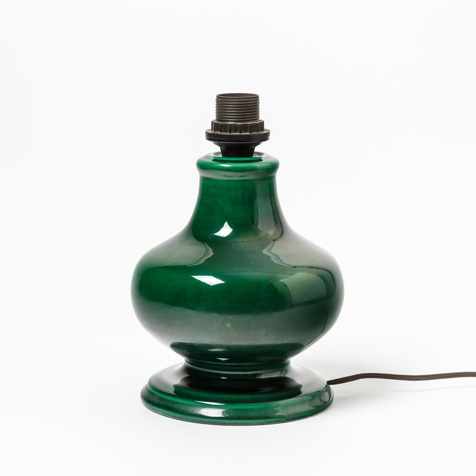 Beaux Arts Ceramic Lamp with Green Glaze Decoration, Vallauris, circa 1960-1970 For Sale