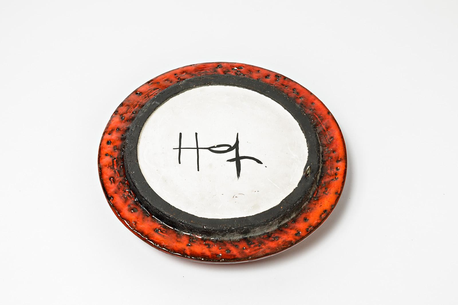 Beaux Arts Ceramic Mirror with Red Glaze Decoration by Gerard Hofmann, Vallauris, 1970 For Sale