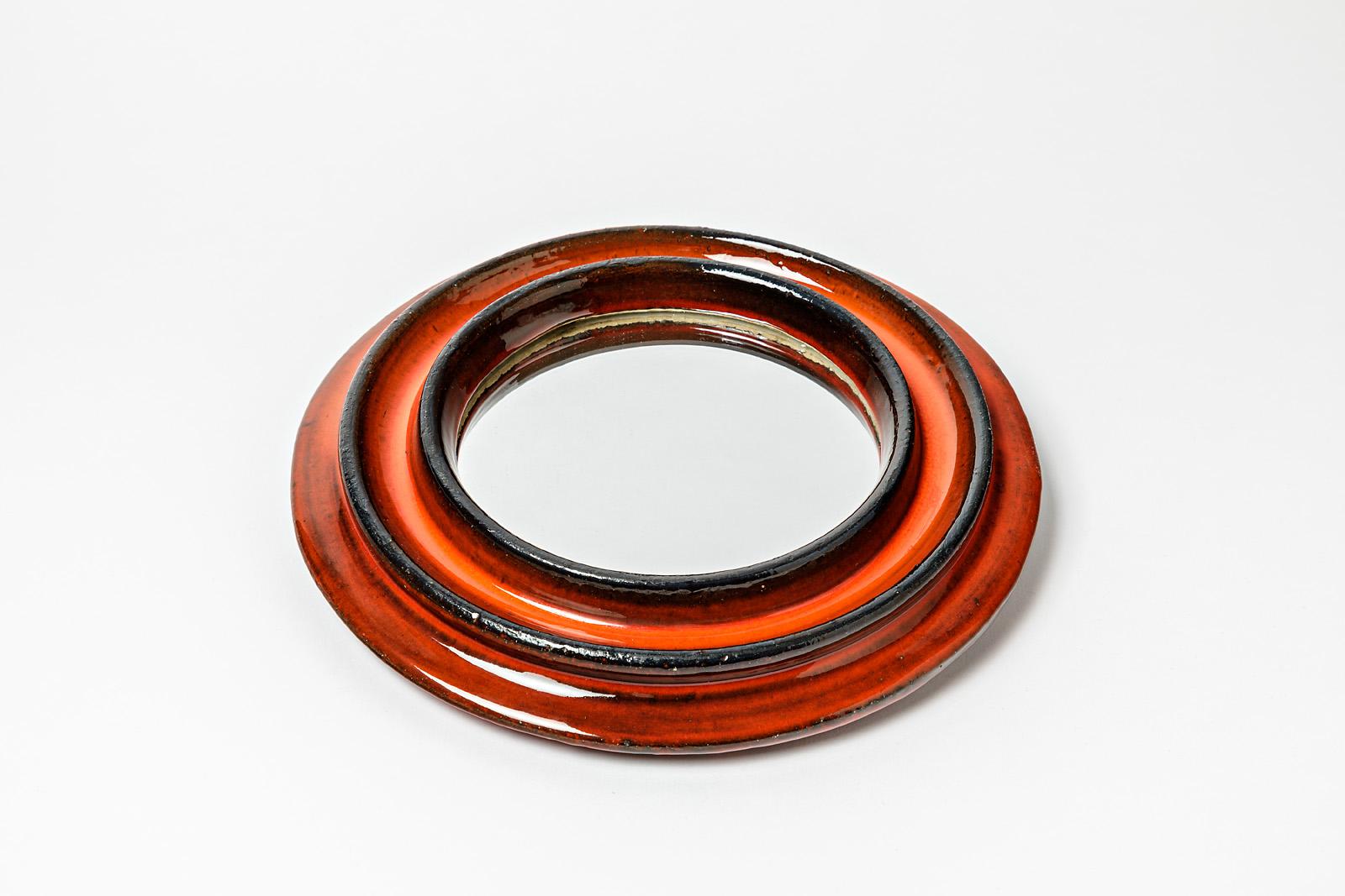 French Ceramic Mirror with Red Glaze Decoration by Gerard Hofmann, Vallauris, 1970 For Sale