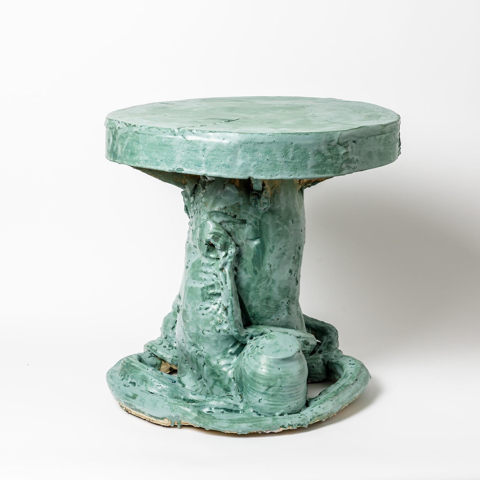 Beaux Arts Ceramic Table by Patrick Crulis with Green Glaze Decoration, France, 2021 For Sale