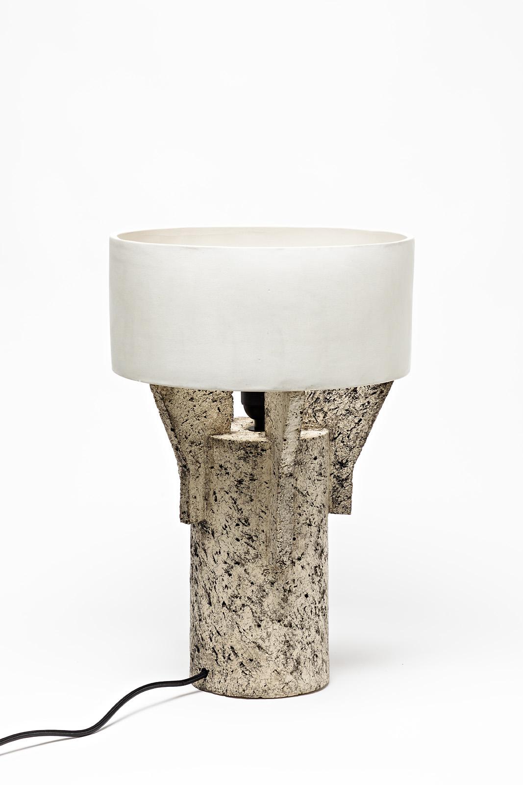 French Ceramic Table Lamp by Denis Castaing with White Glaze Decoration, 2019 For Sale