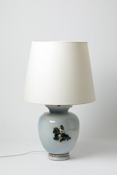 Blue glazed ceramic table lamp by Pol Pouchol, circa 1940-1950