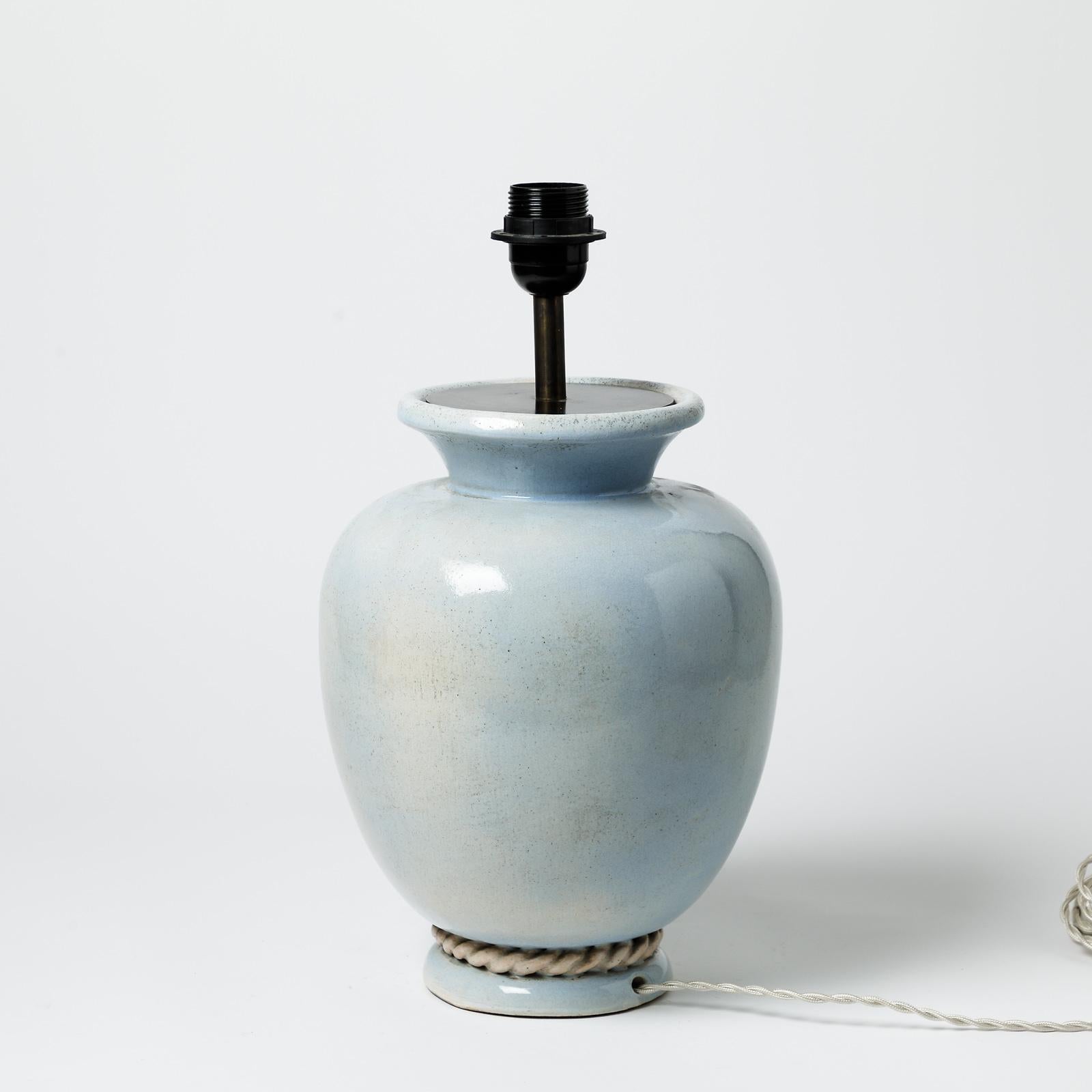 Blue glazed ceramic table lamp by Pol Pouchol, circa 1940-1950 In Excellent Condition For Sale In Saint-Ouen, FR