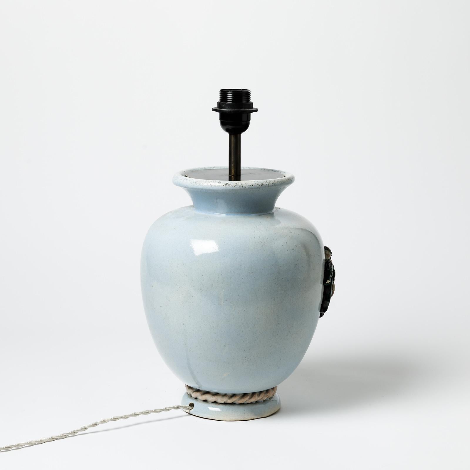 20th Century Blue glazed ceramic table lamp by Pol Pouchol, circa 1940-1950 For Sale