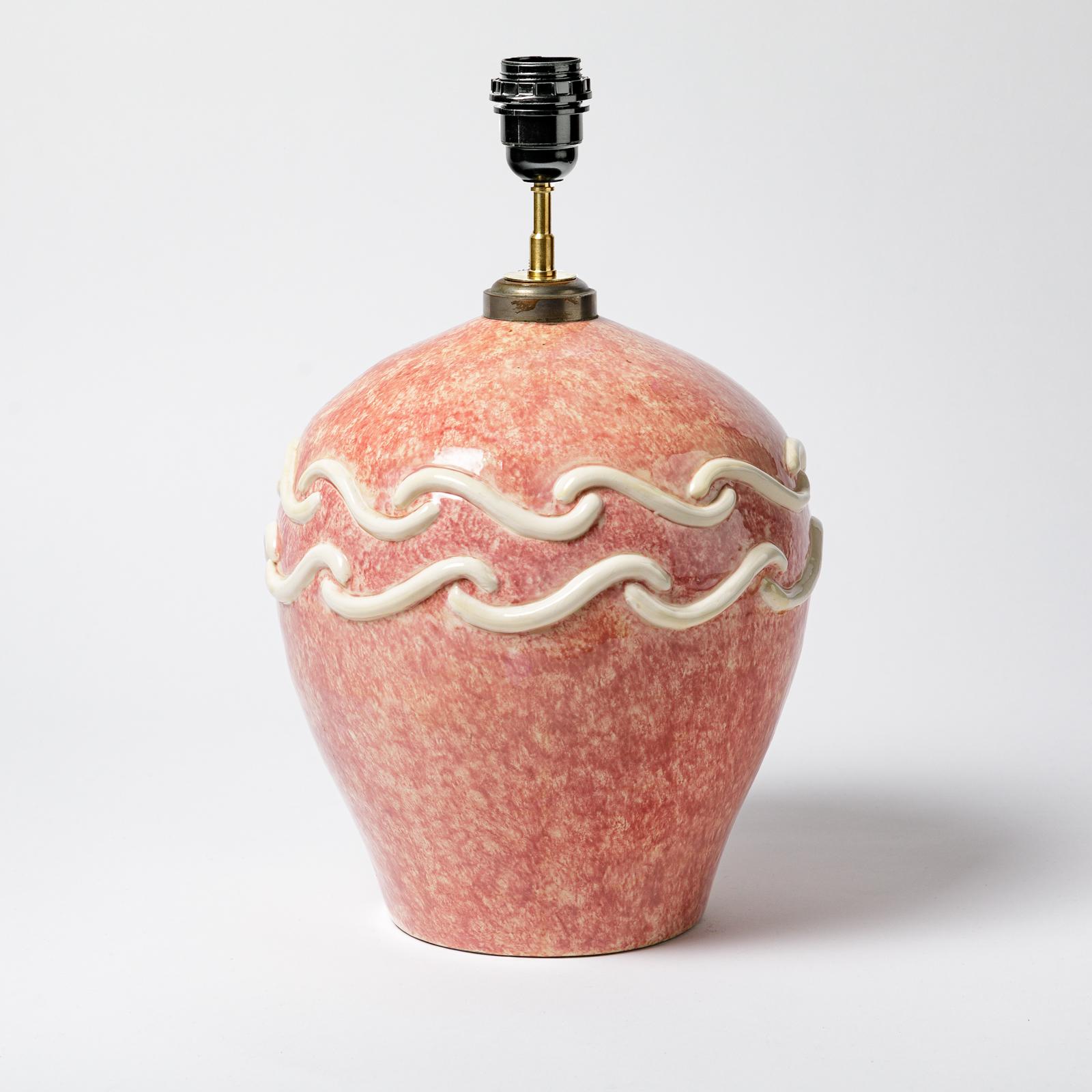 Art Deco Ceramic Table Lamp with Pink Glaze Decoration, circa 1930 For Sale