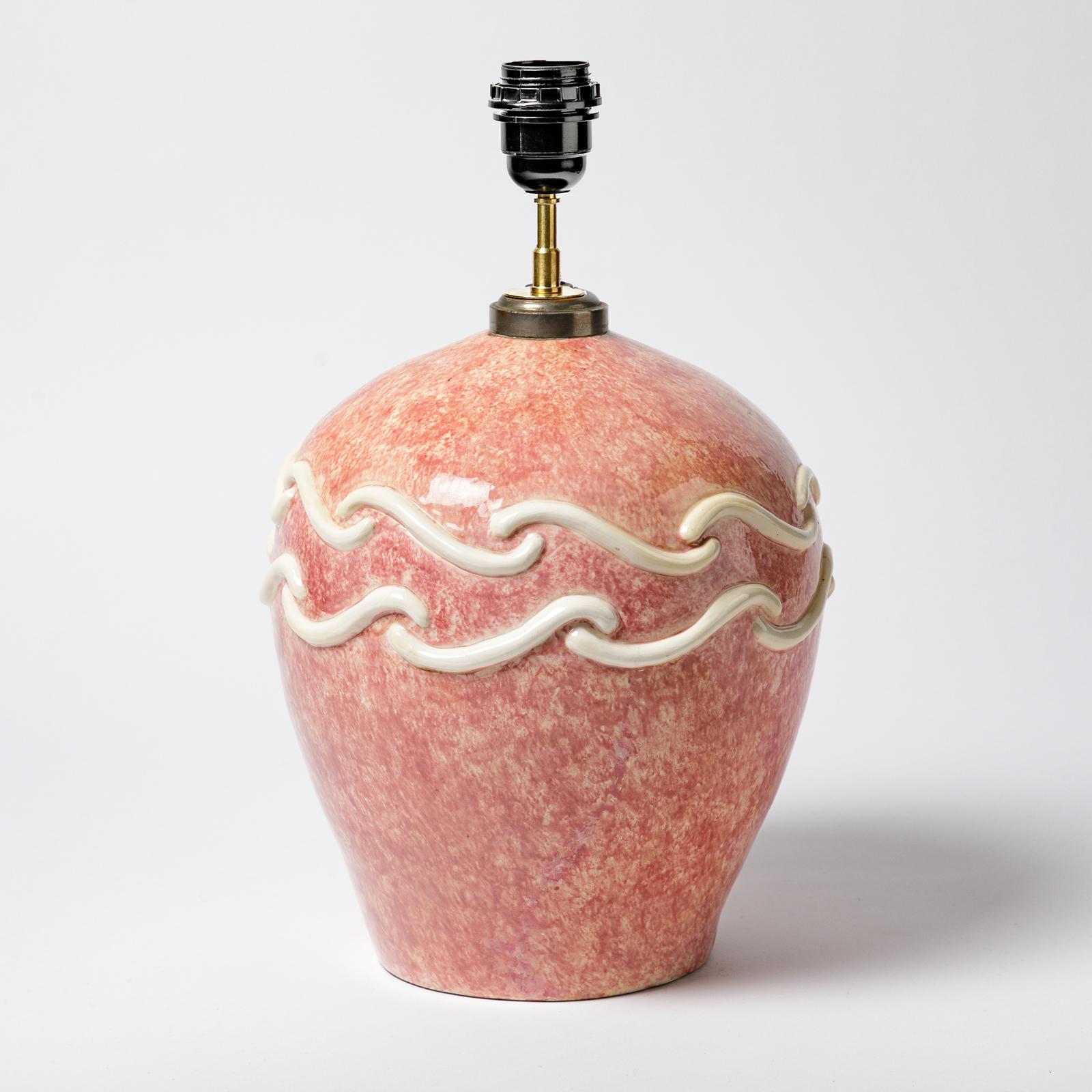 French Ceramic Table Lamp with Pink Glaze Decoration, circa 1930 For Sale