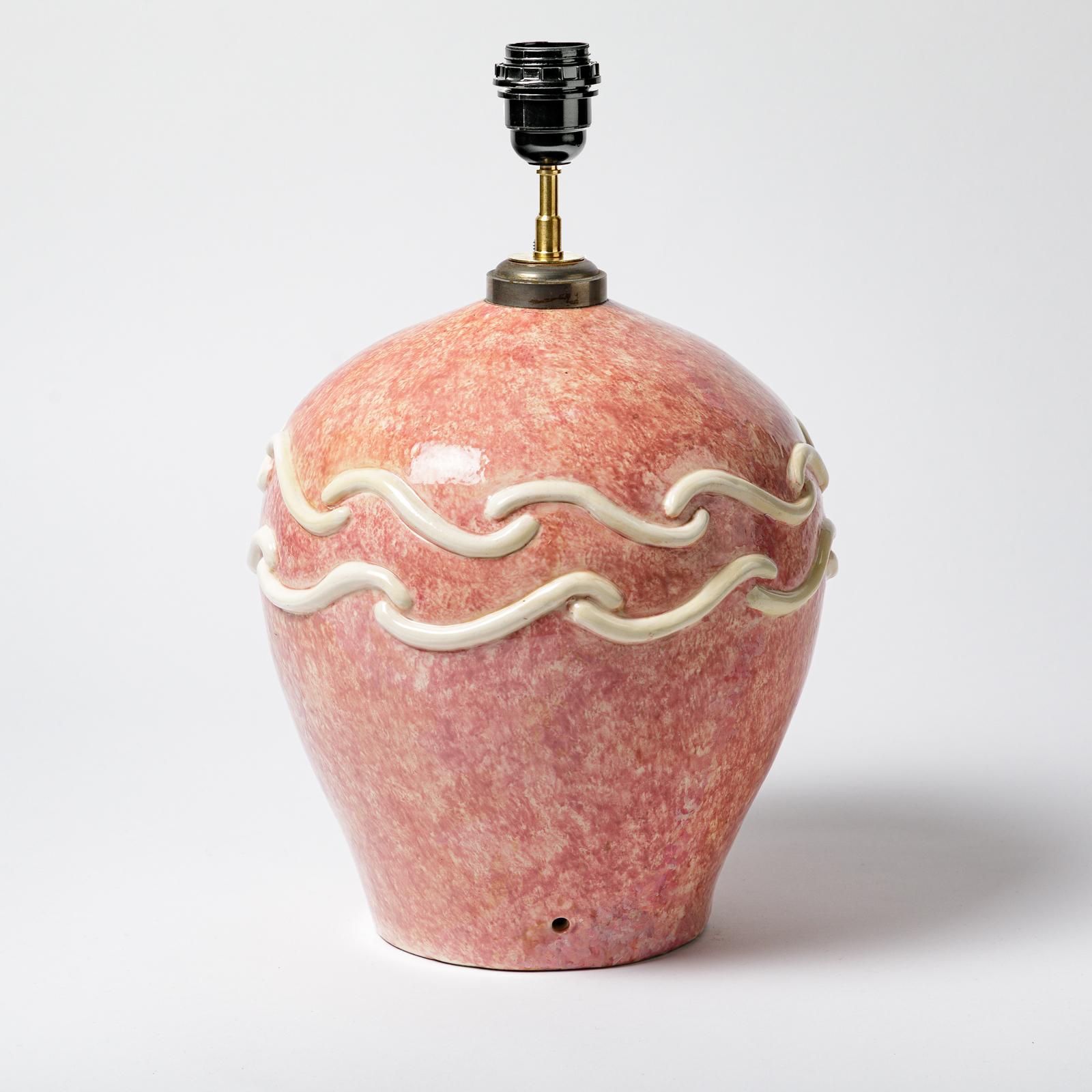 Ceramic Table Lamp with Pink Glaze Decoration, circa 1930 In Excellent Condition For Sale In Saint-Ouen, FR