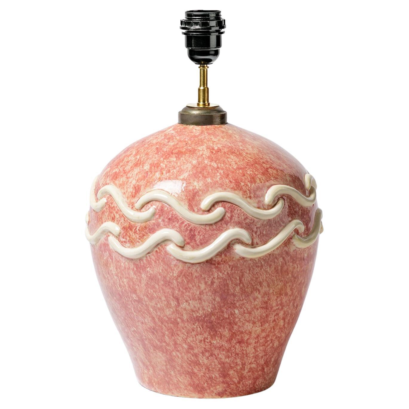 Keramik-Tischlampe mit rosa Glasur-Dekor, um 1930