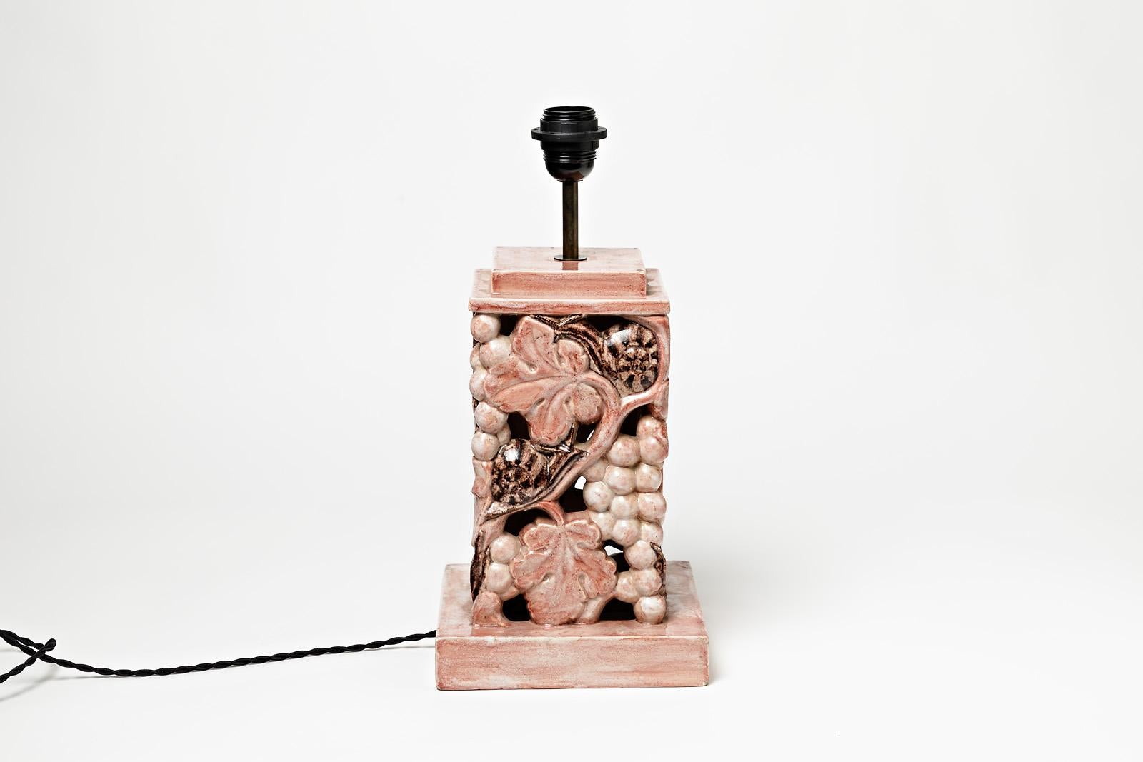 Ceramic Table Lamp with Pink Glaze Decoration, Signed, circa 1960-1970 In Excellent Condition For Sale In Saint-Ouen, FR