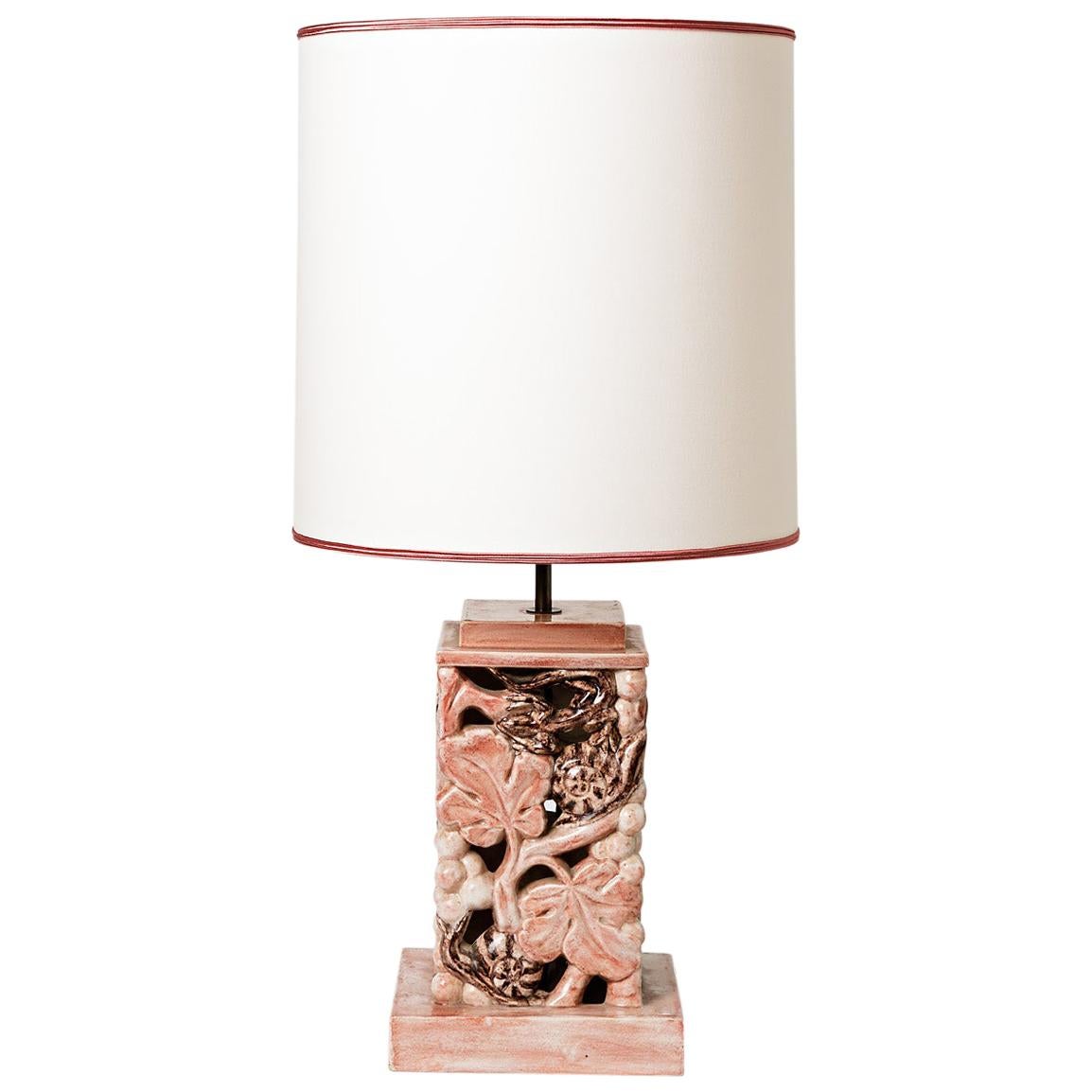 Ceramic Table Lamp with Pink Glaze Decoration, Signed, circa 1960-1970