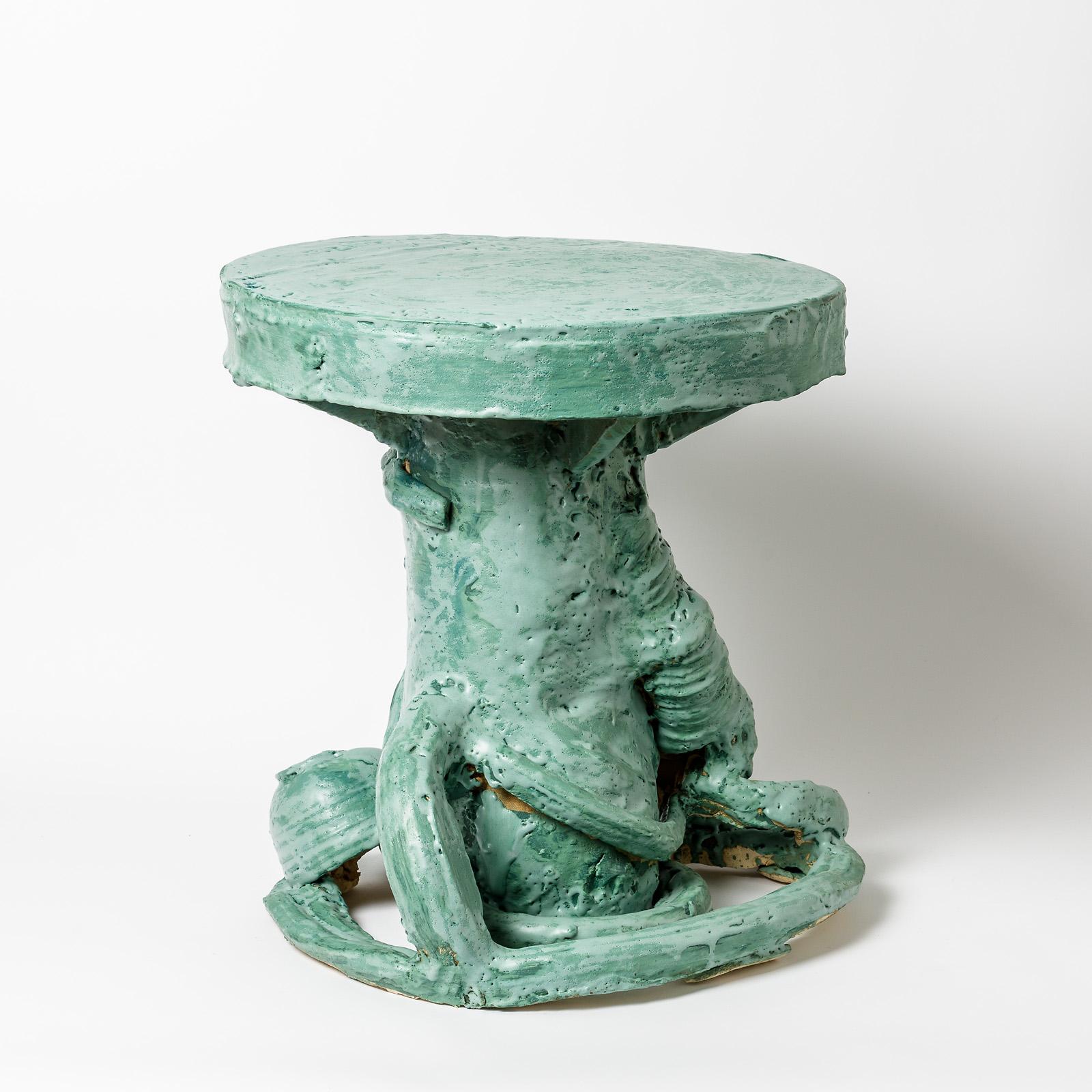 French Ceramic Table with Green Glaze Decoration by Patrick Crulis, 2021