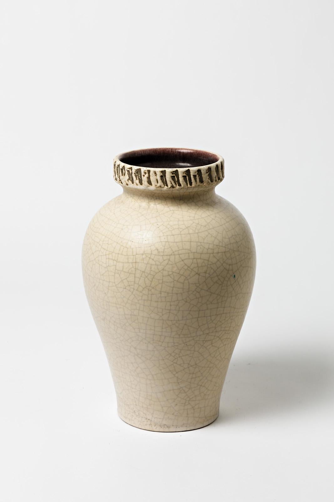 Beaux Arts Ceramic Vase Attributed to Pol Chambost with White Glaze Decoration For Sale