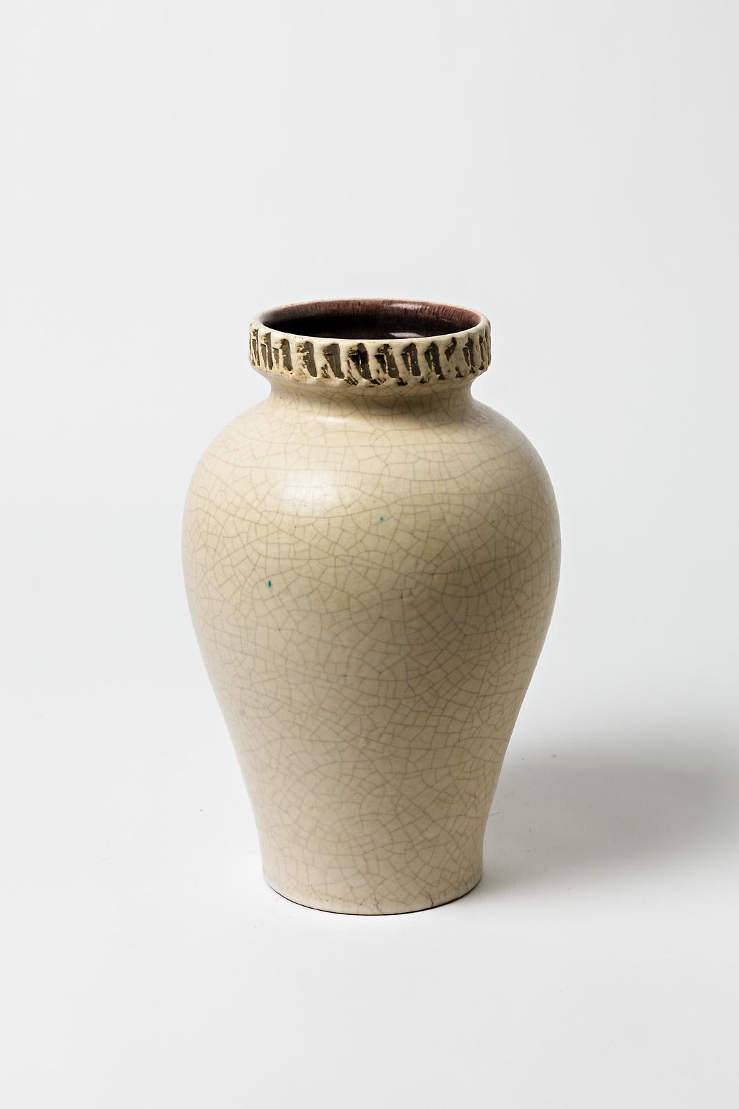 French Ceramic Vase Attributed to Pol Chambost with White Glaze Decoration For Sale