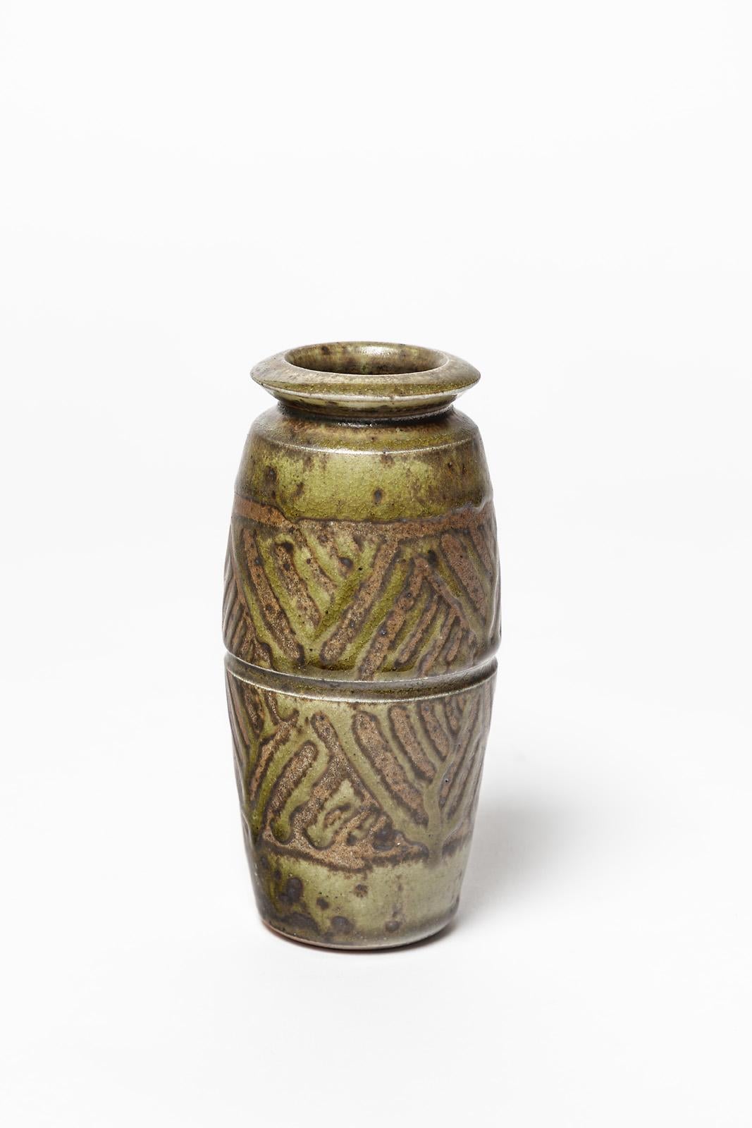 Beaux Arts Green and black stoneware decoratives Ceramic Vase , circa 1980 For Sale