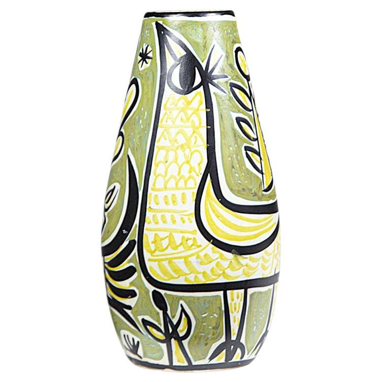 A Ceramic Vase with Birds by Paul Yvain for Keraluc Brittany France 1950's