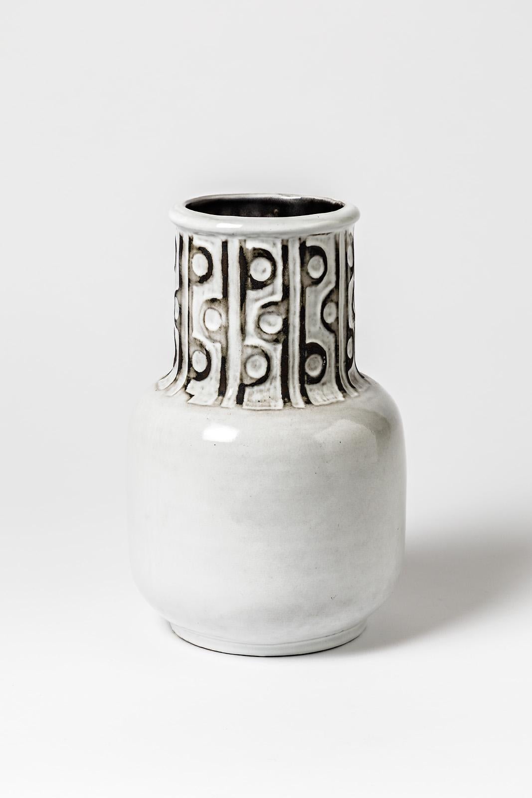 Beaux Arts Ceramic Vase with Black and White Glazes Decoration, Signed Polaris, 1970 For Sale