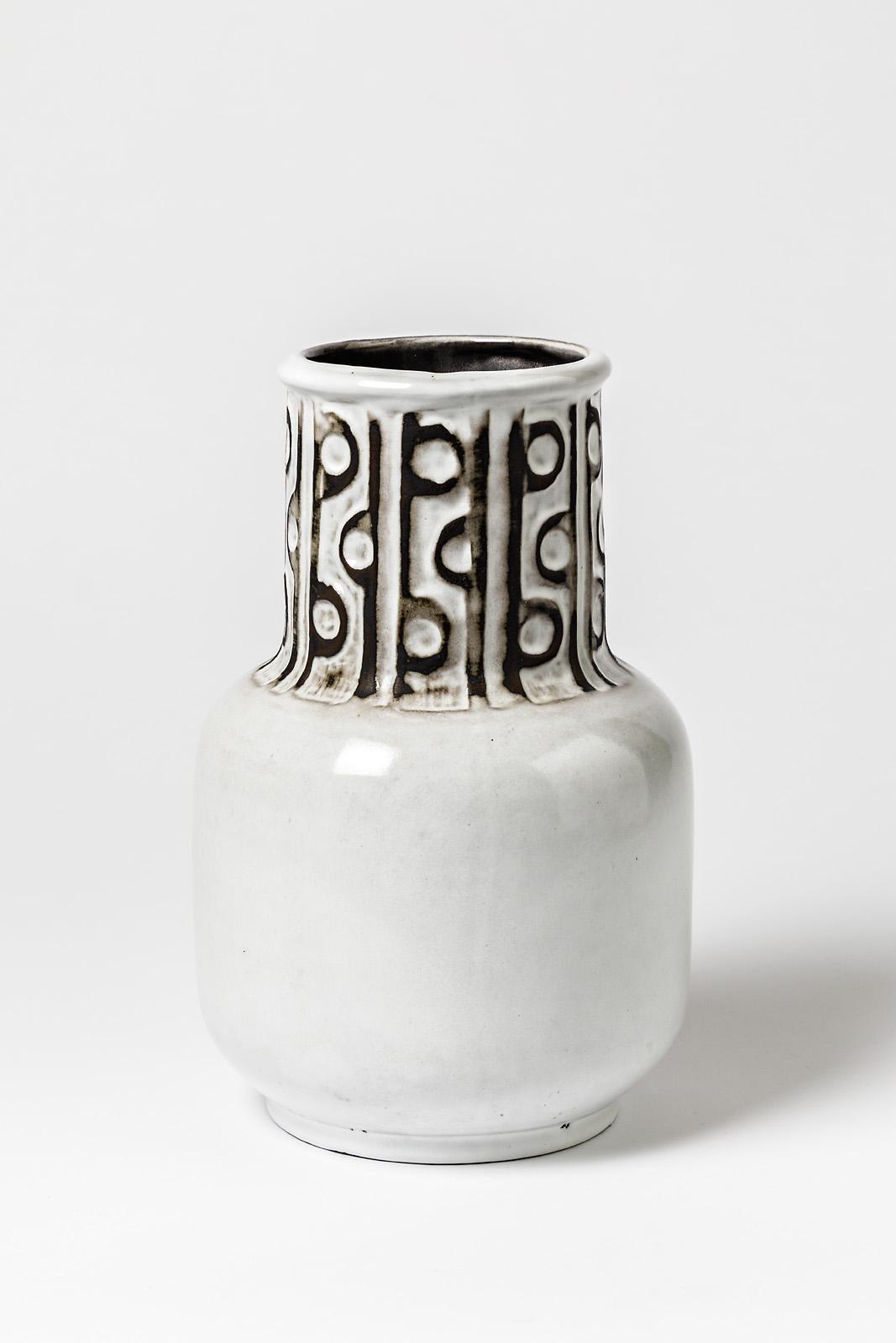 French Ceramic Vase with Black and White Glazes Decoration, Signed Polaris, 1970 For Sale