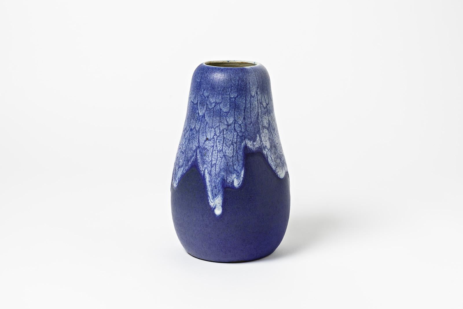 French Ceramic Vase with Blue and White Glaze Decoration by Jean Pointu, circa 1920 For Sale