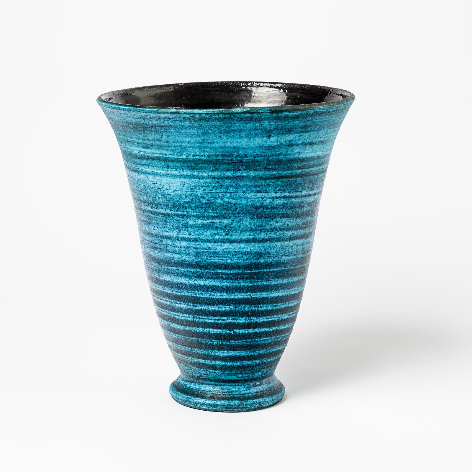 Beaux Arts Ceramic Vase with Blue Glaze Decoration by Accolay, circa 1960-1970 For Sale