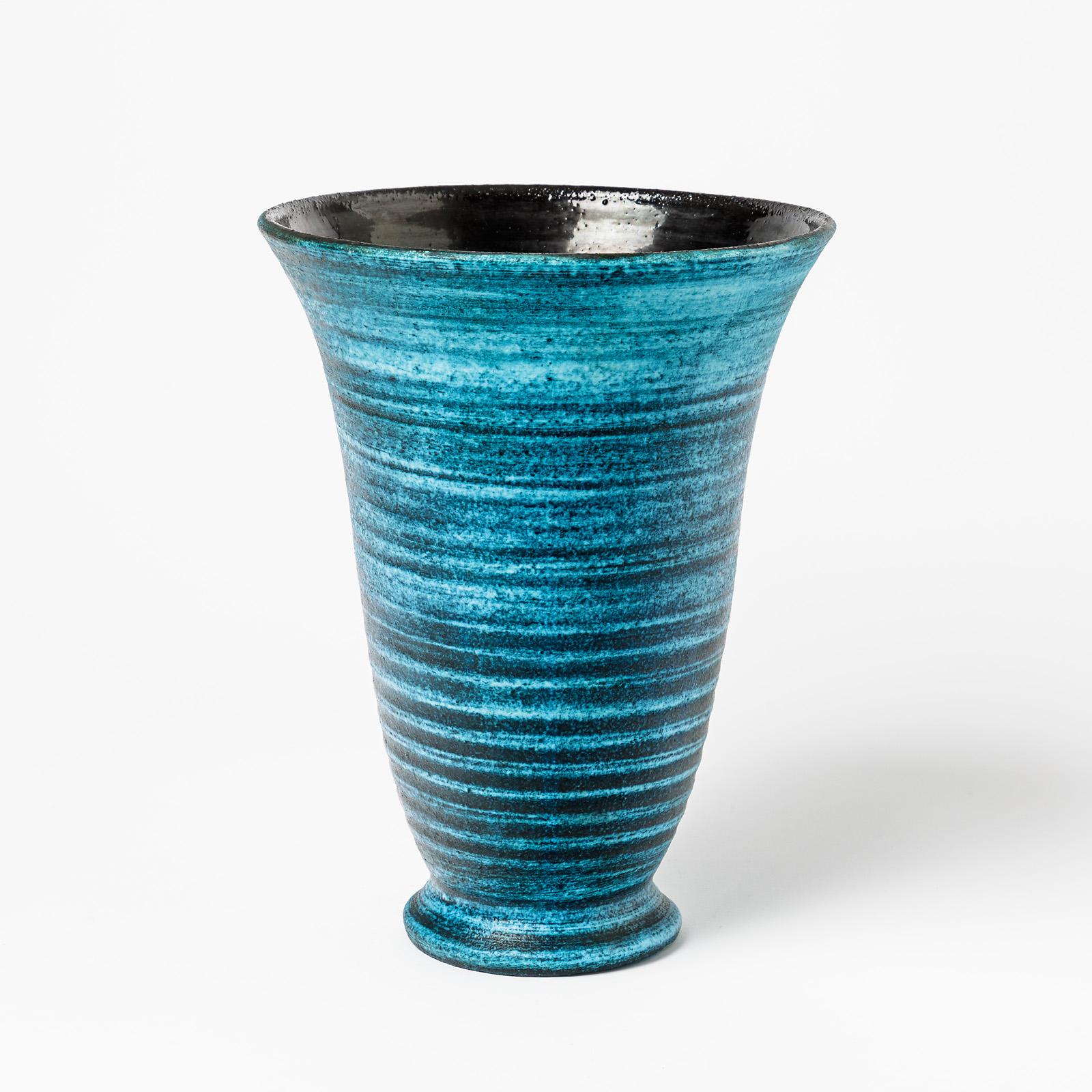 French Ceramic Vase with Blue Glaze Decoration by Accolay, circa 1960-1970 For Sale