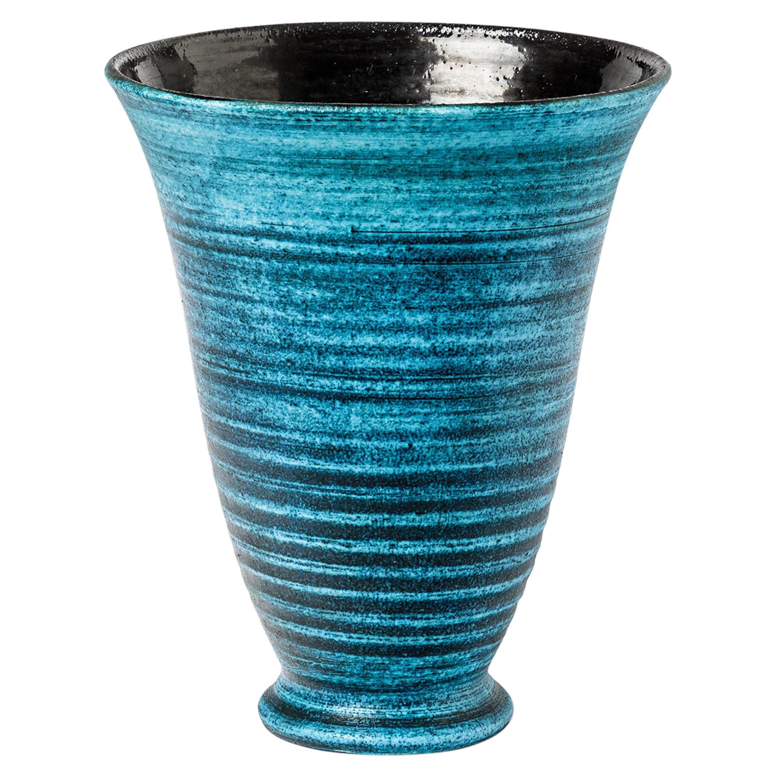 Keramikvase mit blauer Glasurdekoration von Accolay, ca. 1960–1970