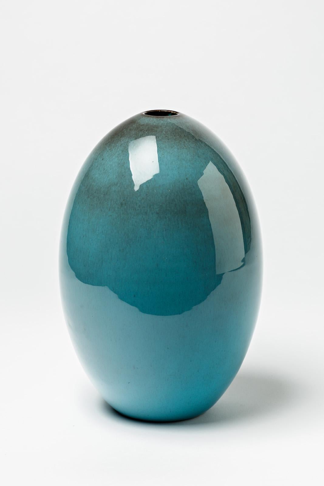 Beaux Arts Ceramic Vase with Blue Glaze Decoration, by Gabriel Musarra, Vallauris, 1960