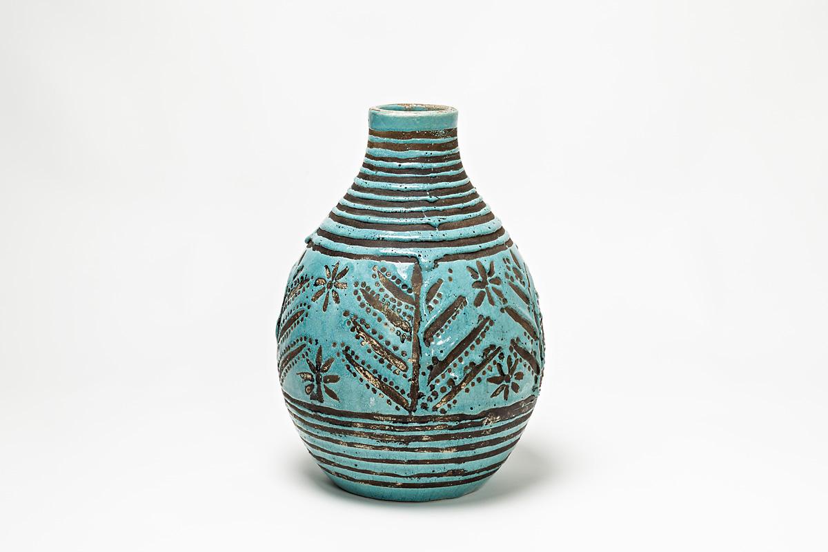 Art Deco Ceramic Vase with Blue Glaze Decoration by Jean Besnard, circa 1930