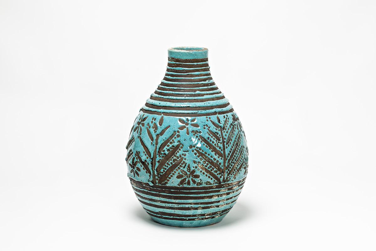 French Ceramic Vase with Blue Glaze Decoration by Jean Besnard, circa 1930