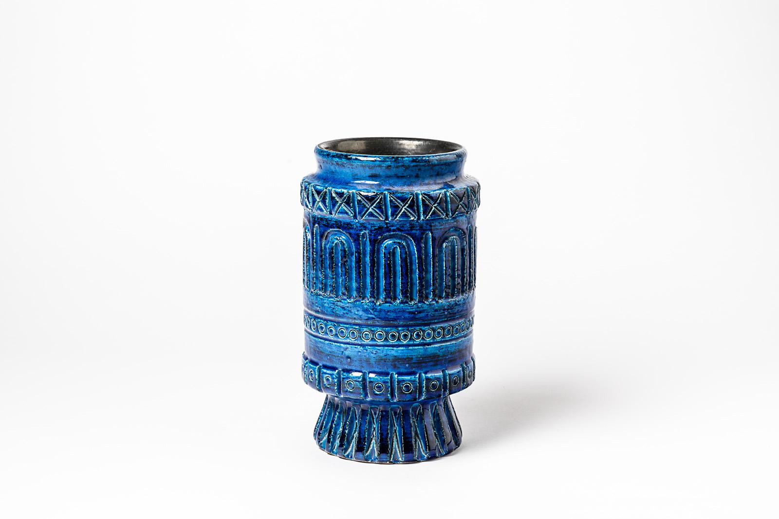 Beaux Arts Ceramic Vase with Blue Glaze Decoration Signed Pol Chambost, circa 1960-1970 For Sale