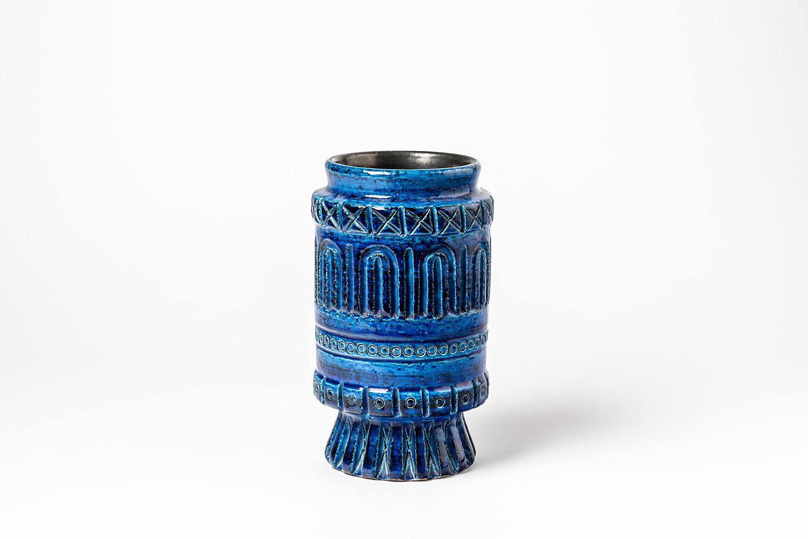French Ceramic Vase with Blue Glaze Decoration Signed Pol Chambost, circa 1960-1970 For Sale