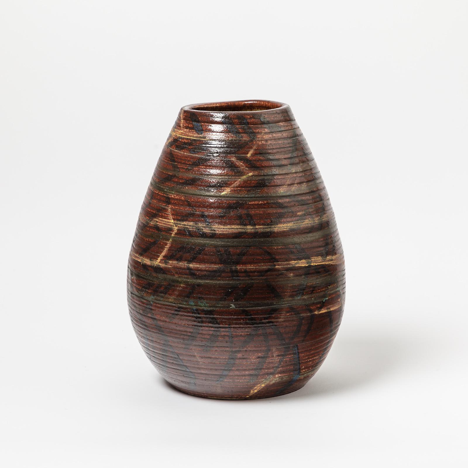 Beaux Arts Ceramic Vase with Geometrical Decoration by Accolay, circa 1970-1980 For Sale