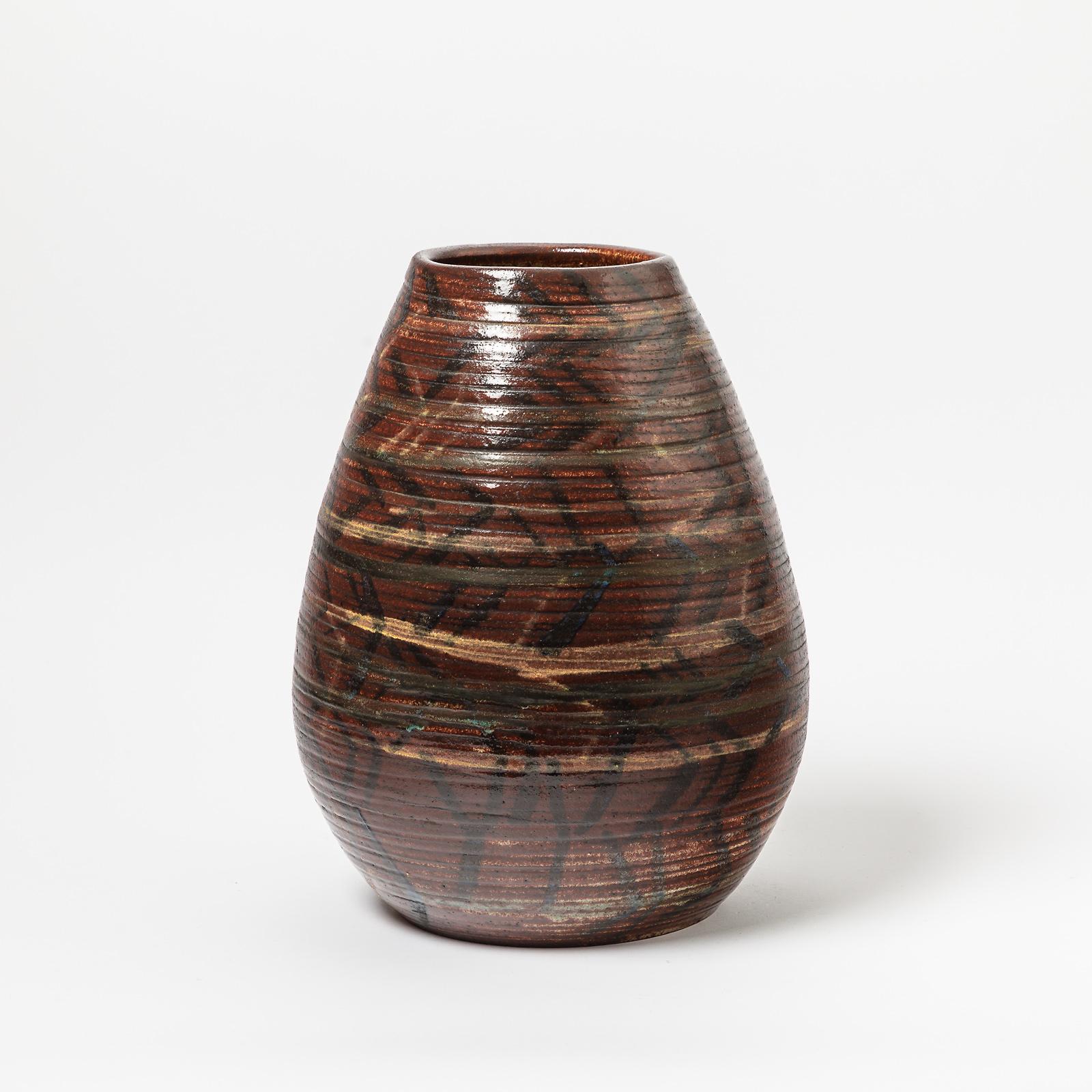 French Ceramic Vase with Geometrical Decoration by Accolay, circa 1970-1980 For Sale